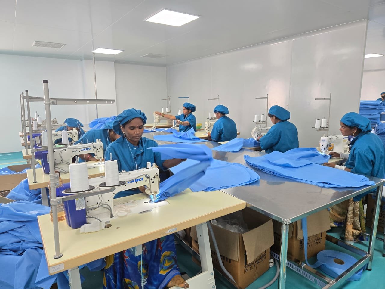 Industrial sewing unit with JUKI machines producing surgical gowns and drapes at Bioanthem